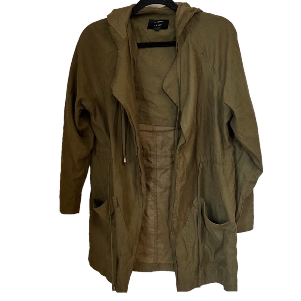 Hiking Rain Jacket Moss Green Attached Hood Coat Size Small Cinch Waist